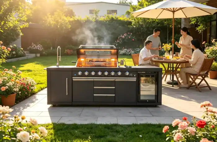 מטבח גן הכולל את מטבח הגן NET BROIL דגם רויאל BLACK עם גריל ומקרר מיני בסביבת גן, המשולב עם ריהוט גן איכותי ושולחנות גינה, שם סועדים שלושה אנשים ליד שולחן תחת שמשיית פטיו.